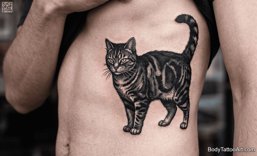 Heavy Crosshatch Blackwork Cat Tattoos