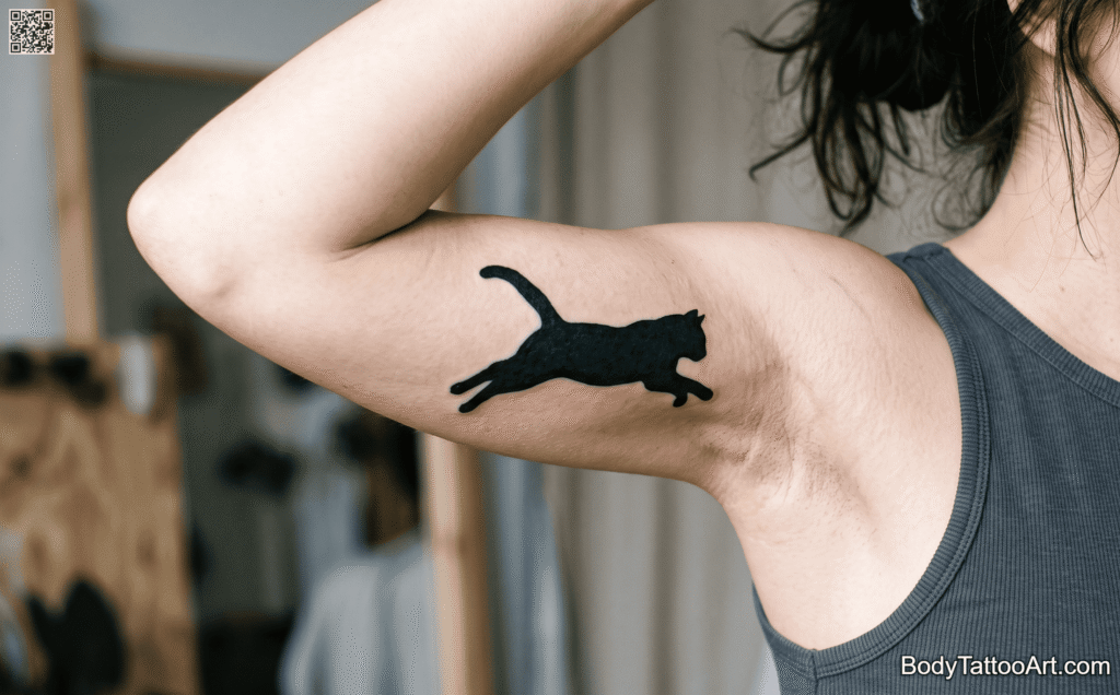 Dynamic Mid-Jump Blackwork Cat Tattoos