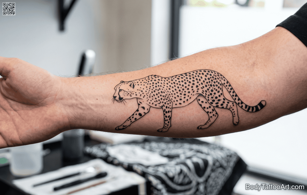 Negative space blackwork Cheetah Tattoos