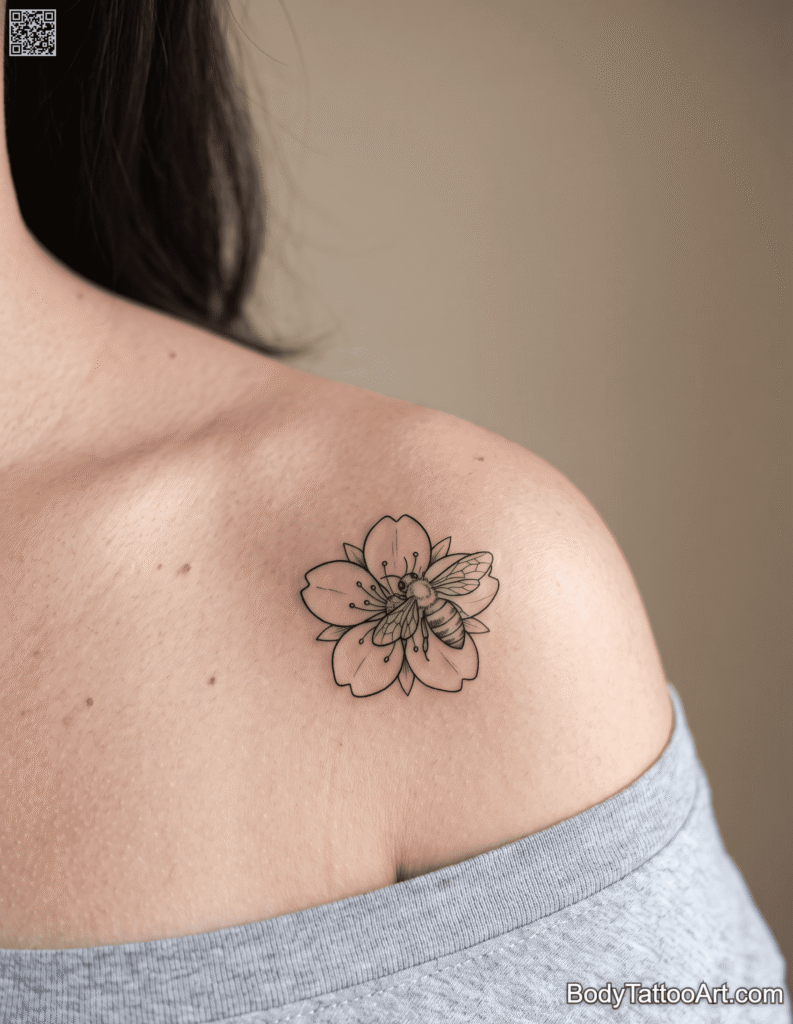 9 Very Cute Cherry Blossom With Bee Tattoos For Everyone