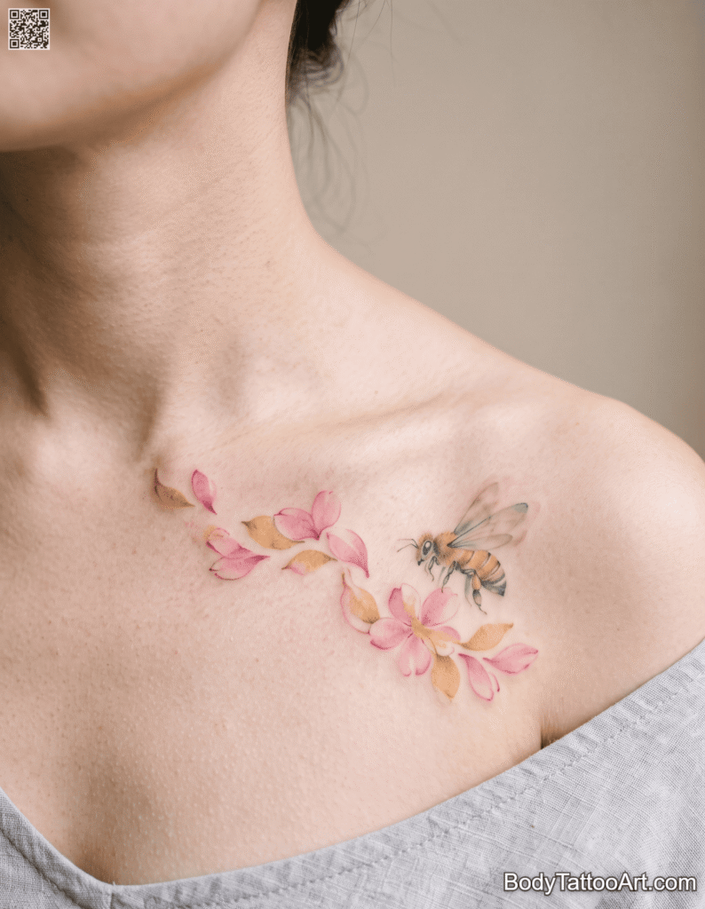 The Collarbone Drift Cherry Blossom With Bee Tattoos