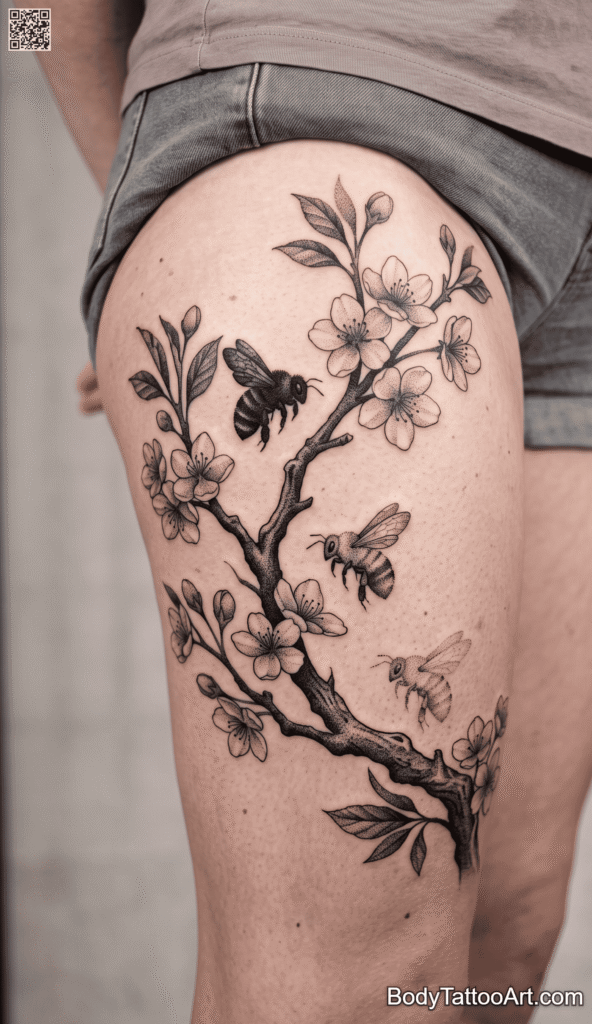  The Dotwork Hive Branch Cherry Blossom With Bee Tattoos