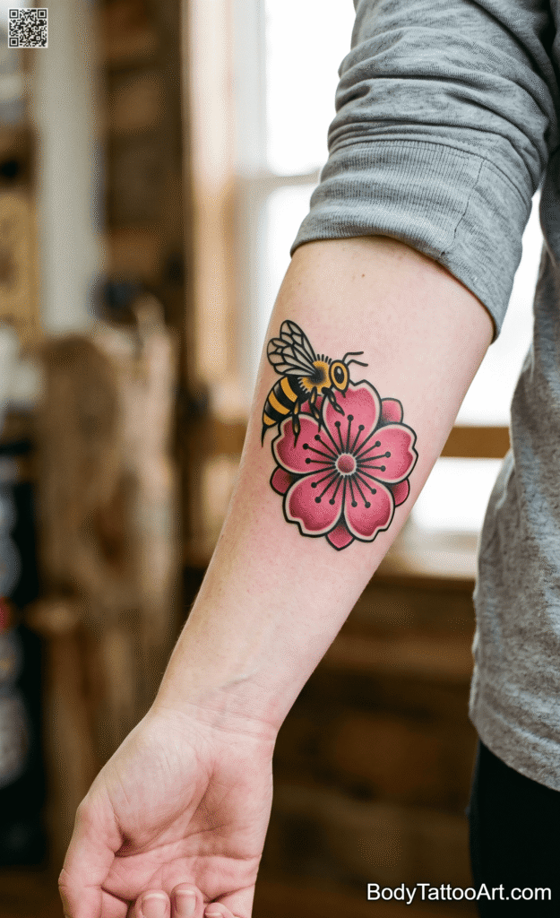 The Bold Forearm Bloom Cherry Blossom With Bee Tattoos