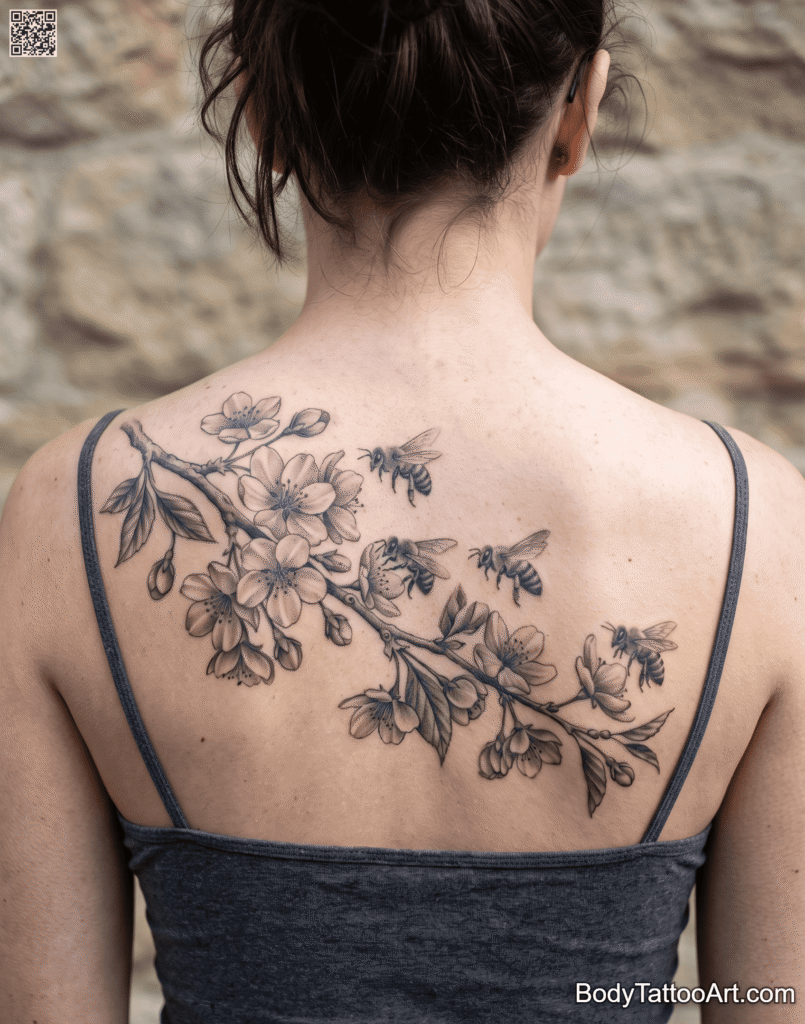The Grey Wash Back Scene Cherry Blossom With Bee Tattoos
