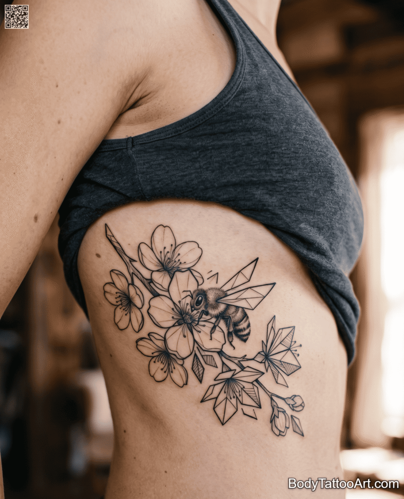 The Fractured Ribcage Piece Cherry Blossom With Bee Tattoos