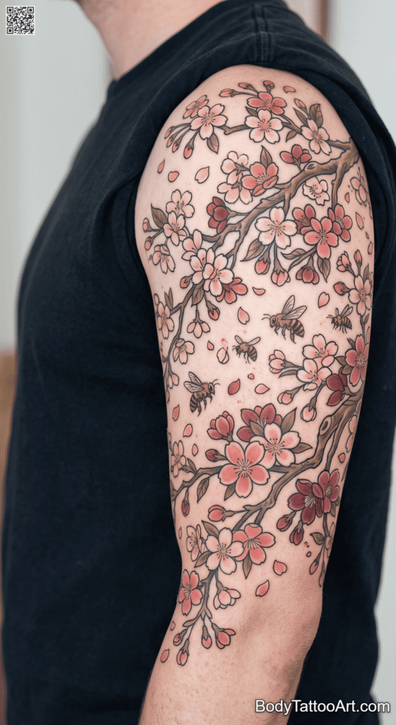  The Sleeve Orchard Cherry Blossom With Bee Tattoos