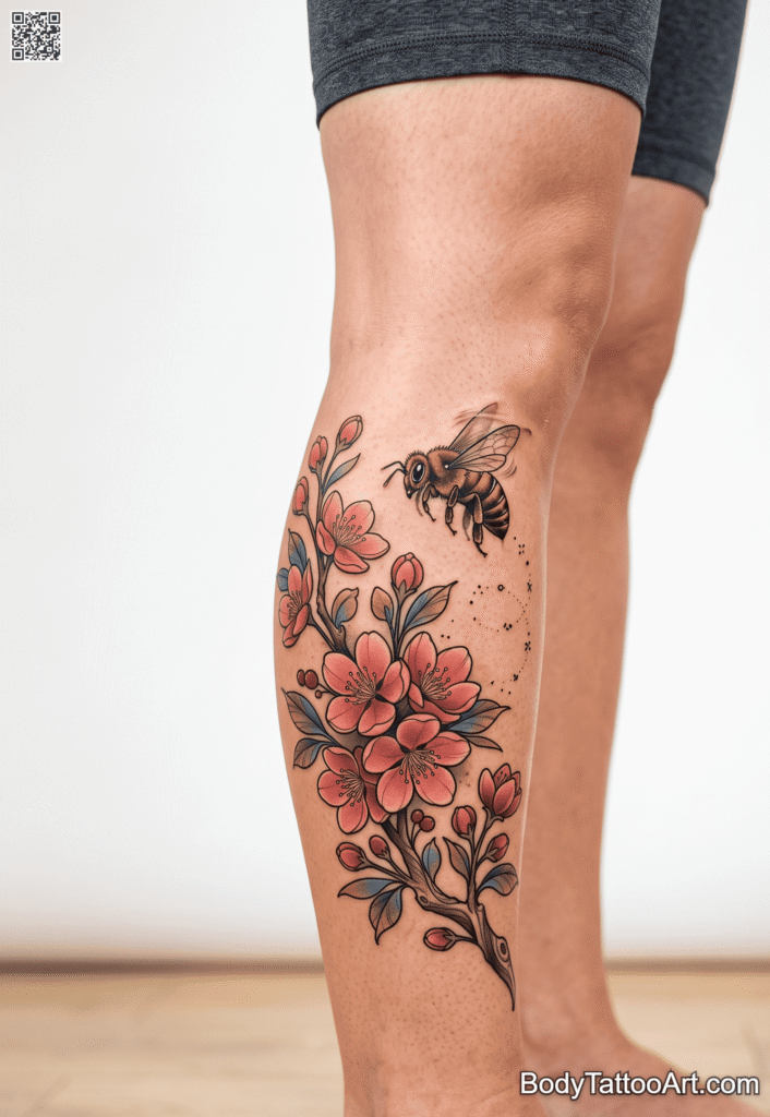  The Vivid Calf Hum Cherry Blossom With Bee Tattoos