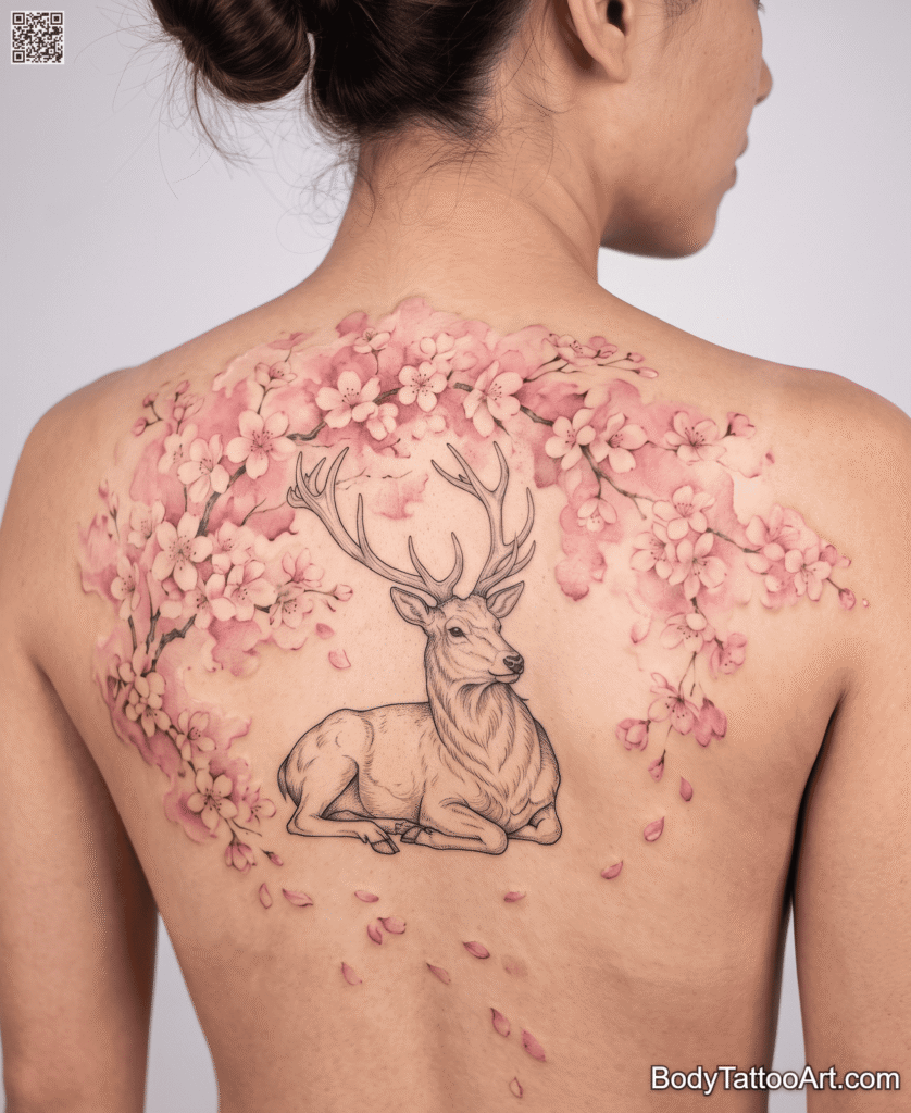 A Stag Resting Beneath a Blossom Canopy