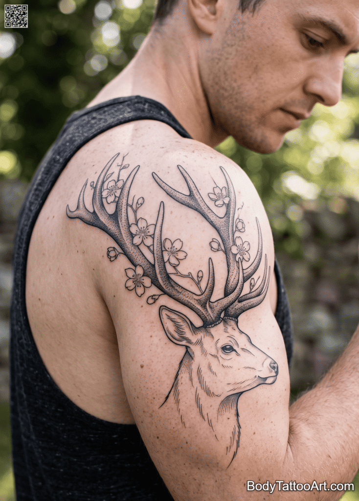 Dotwork Cherry Blossom With Deer Tattoos