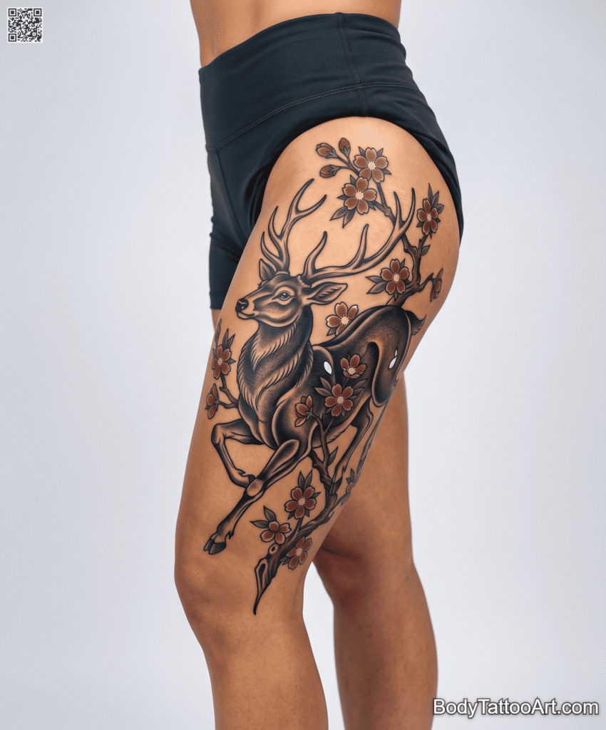 Traditional Cherry Blossom With Deer Tattoos