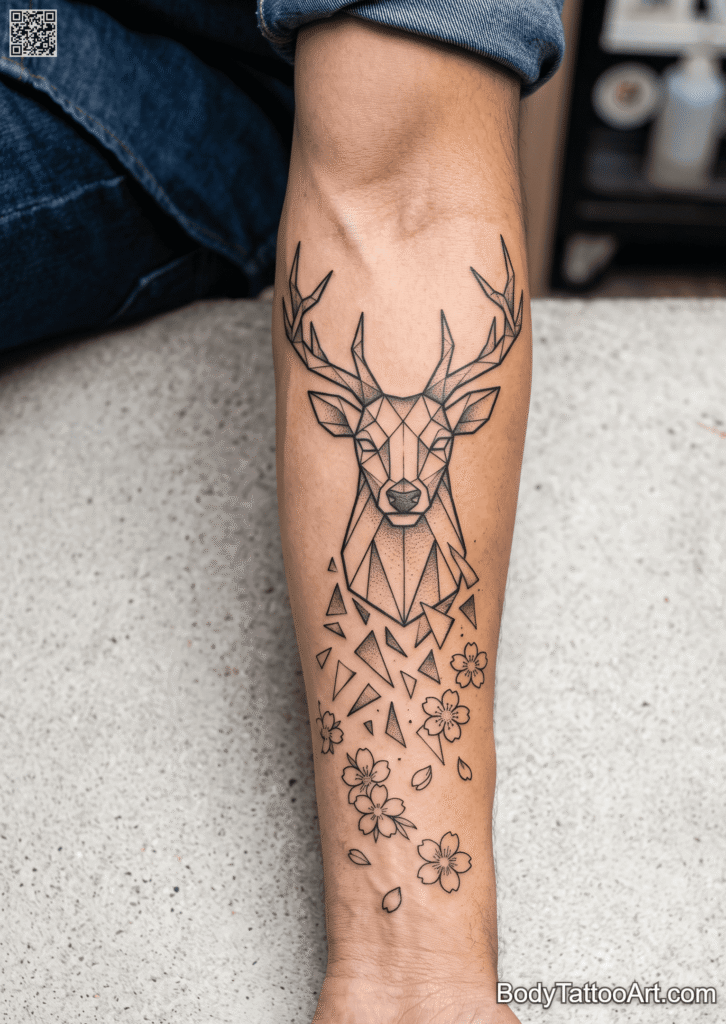  Geometric Cherry Blossom With Deer Tattoos