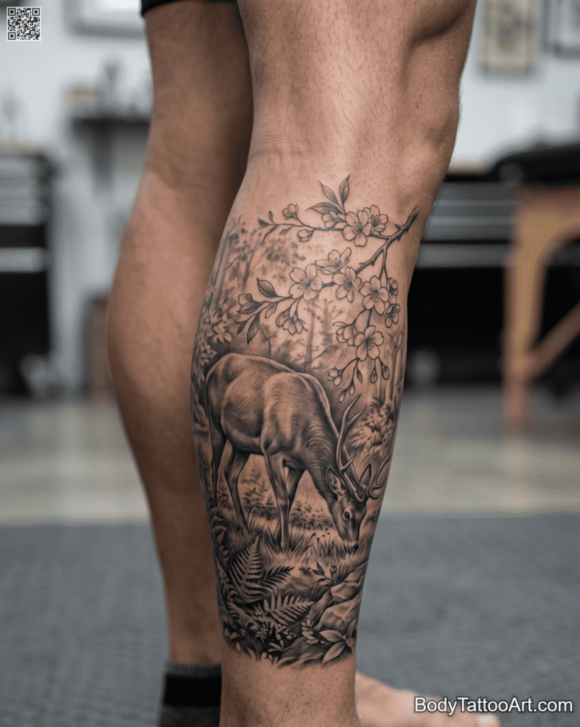 Grey-Wash Cherry Blossom With Deer Tattoos
