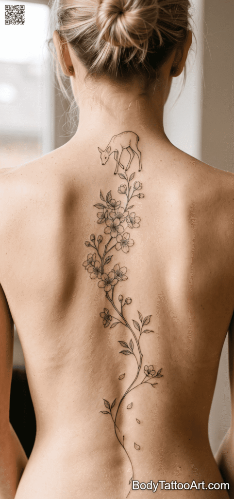 A Trailing Branch Down the Spine Cherry Blossom With Deer Tattoos