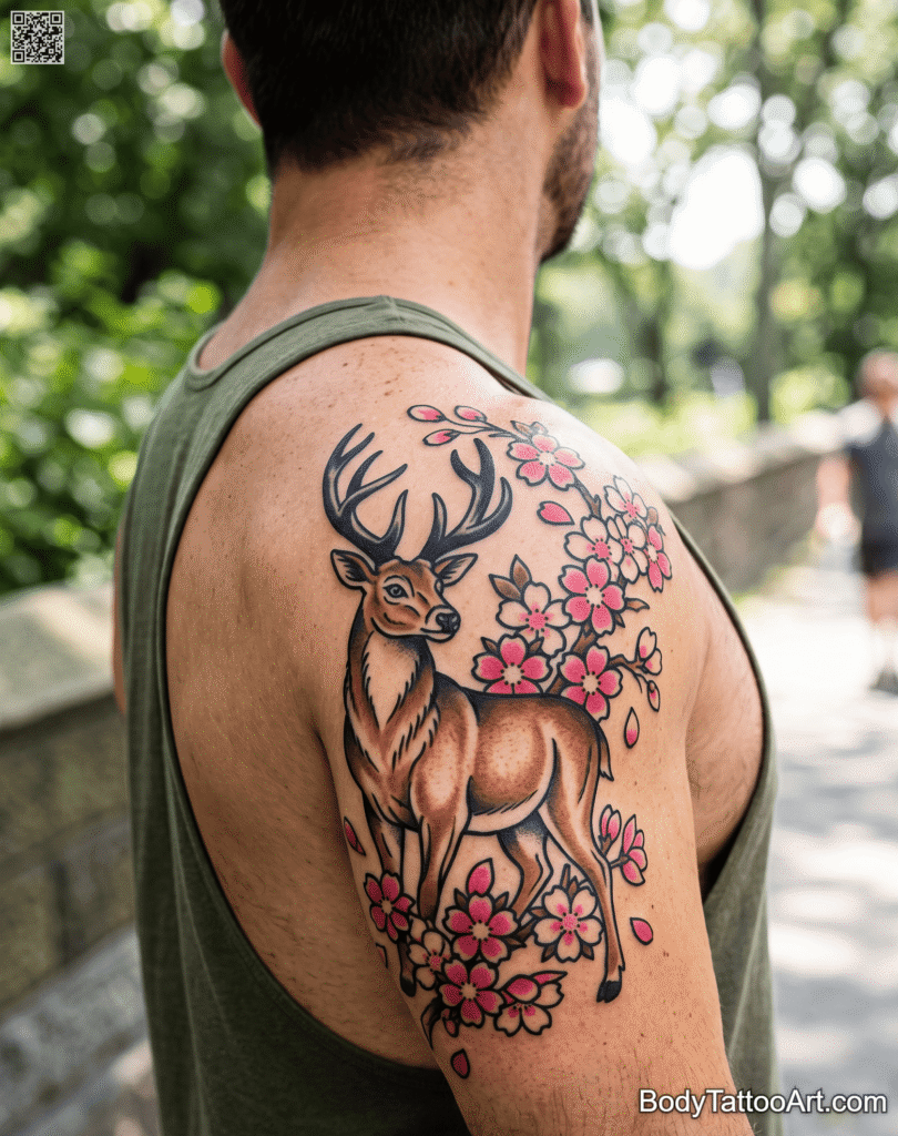 Old-School Cherry Blossom With Deer Tattoos