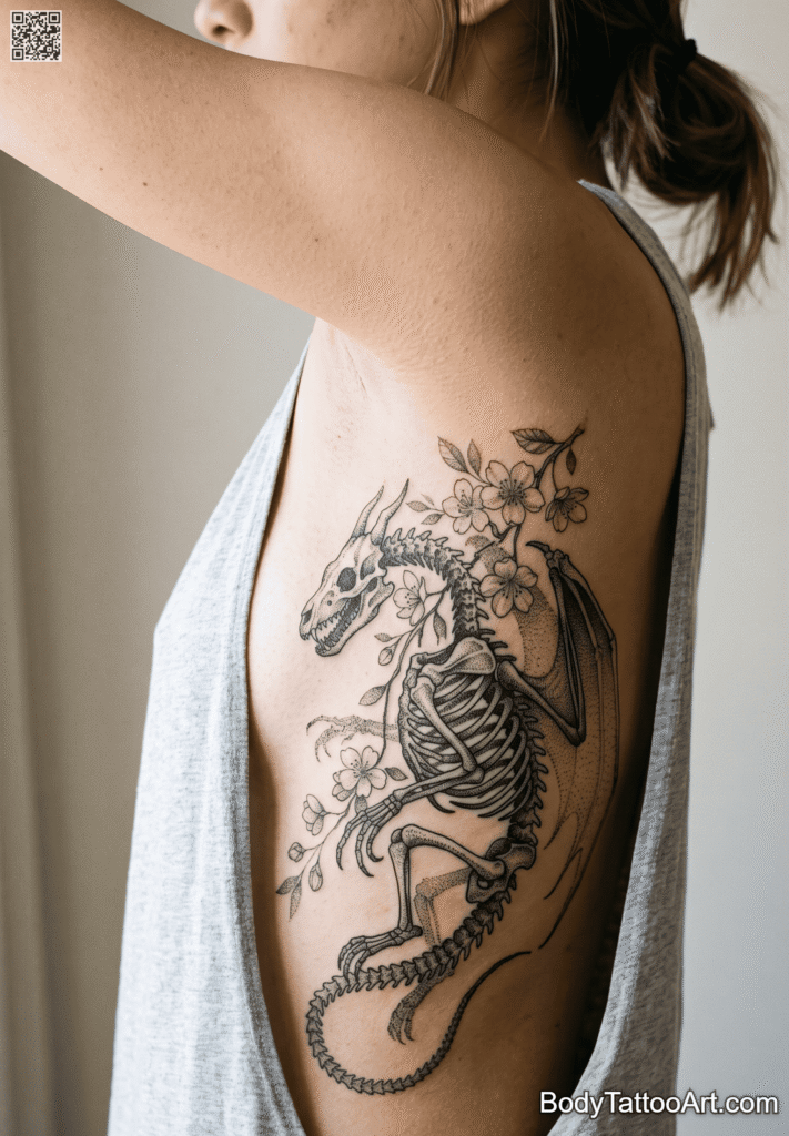  A Dotwork Dragon Skeleton Beneath the Blossoms
