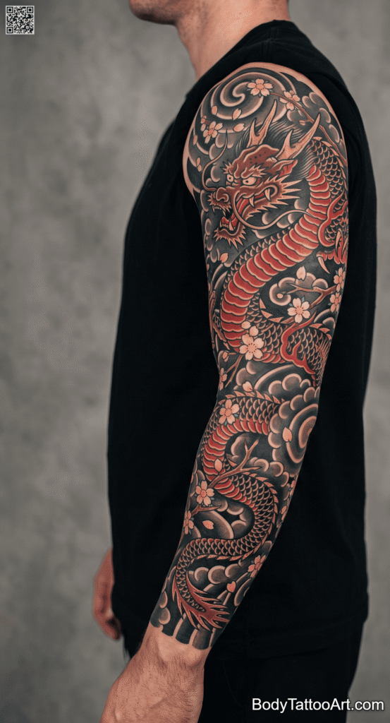 Traditional Cherry Blossom With Dragon Tattoos