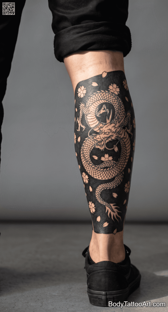 Negative Space Cherry Blossom With Dragon Tattoos