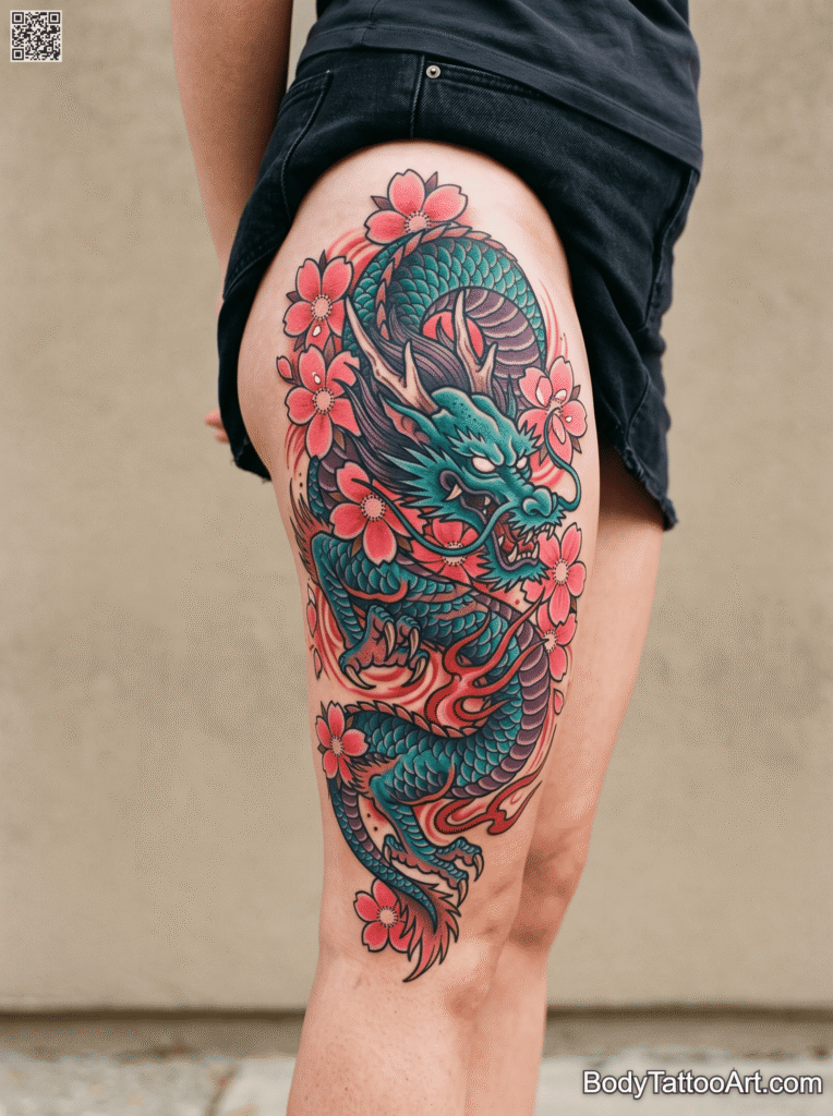 Neo-Traditional Cherry Blossom With Dragon Tattoos