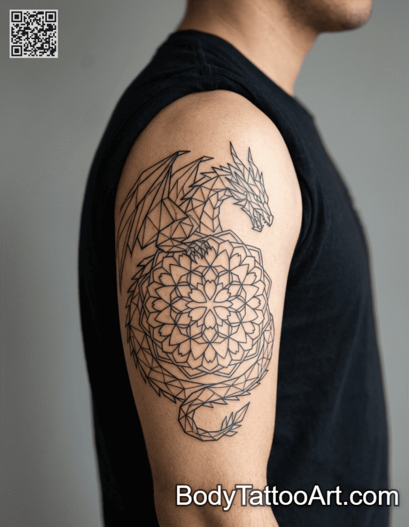 Geometric Cherry Blossom With Dragon Tattoos