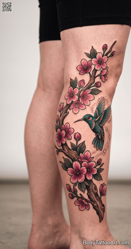The Vivid Calf Piece Cherry Blossom With Hummingbird