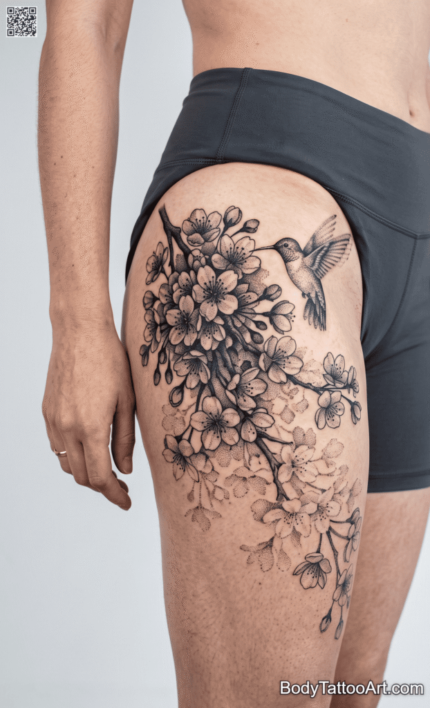 The Blackwork Cherry Blossom With Hummingbird