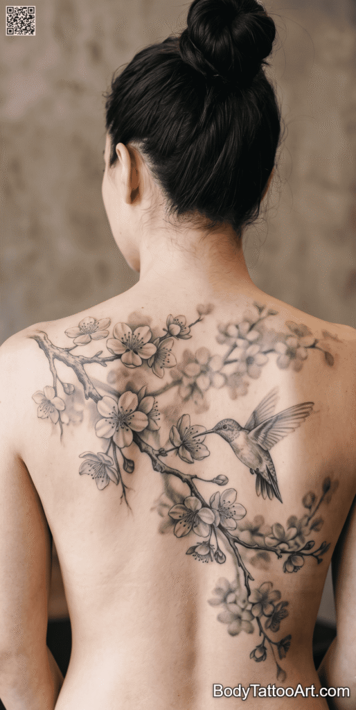  The Grey-Wash Garden Scene Cherry Blossom With Hummingbird
