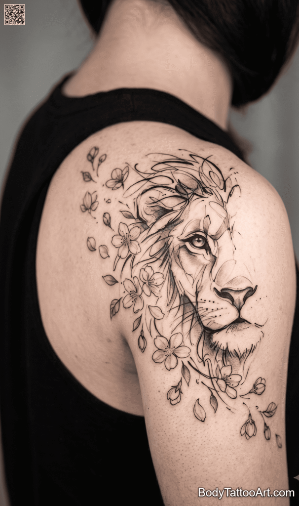 Abstract Lion Face Dissolving Into Petals Cherry Blossom With Lion Tattoos
