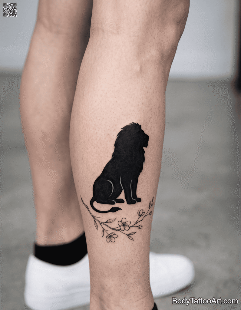 Minimalist Lion Silhouette With a Single Branch Cherry Blossom With Lion Tattoos