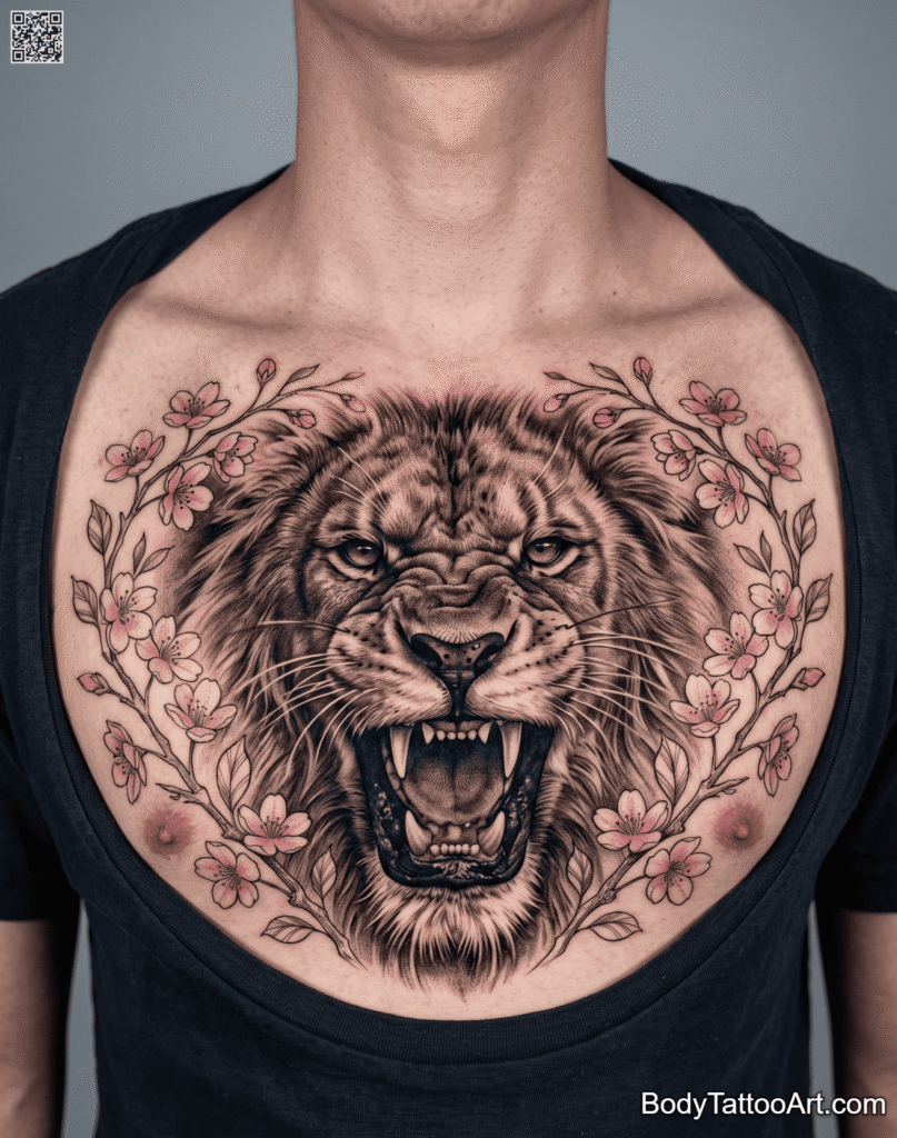 The Roaring Lion Framed by Blossom Branches Cherry Blossom With Lion Tattoos