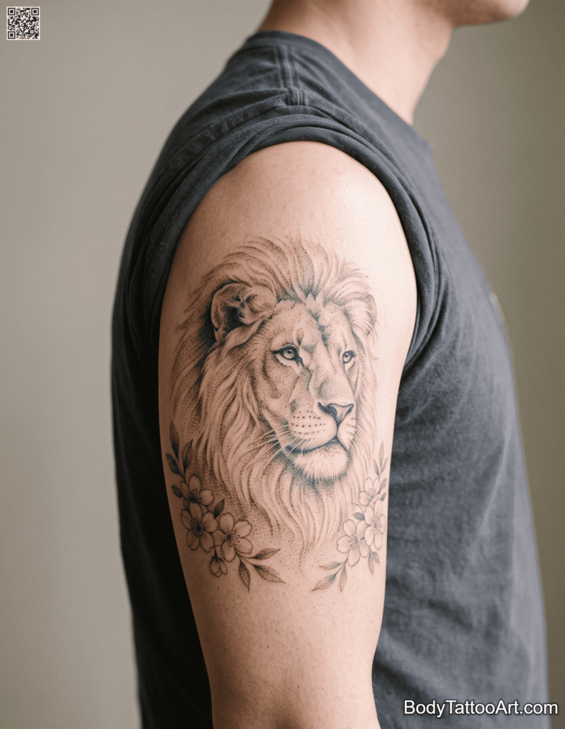 Dotwork Lion With Scattered Blossom Clusters Cherry Blossom With Lion Tattoos