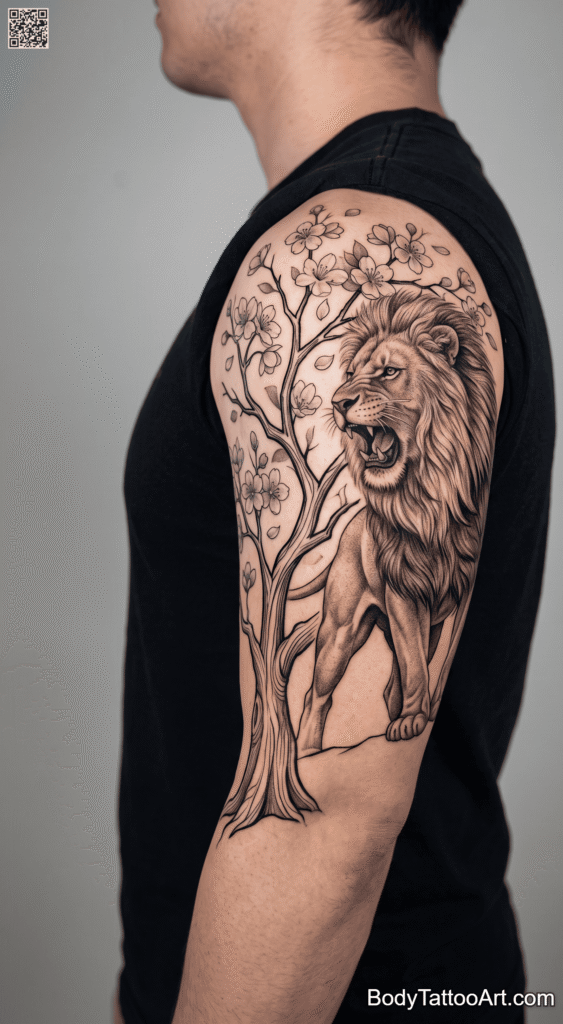  Half-Sleeve Lion and Blossom Tree Cherry Blossom With Lion Tattoos