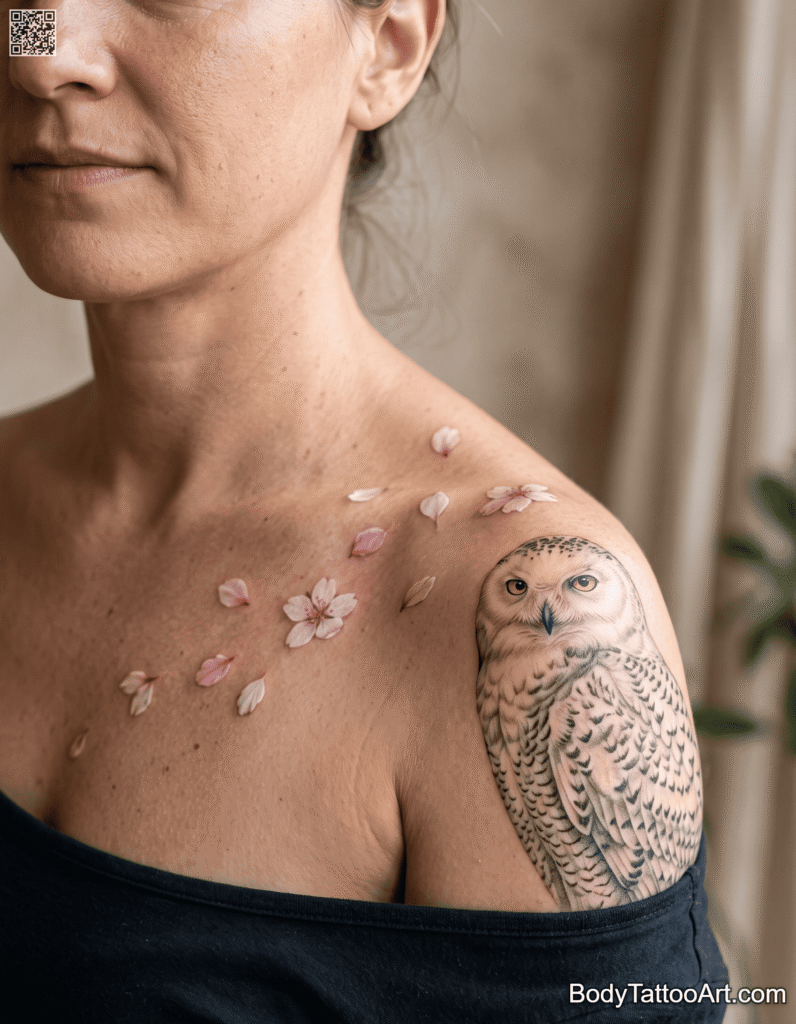 Snowy Cherry Blossom With Owl Tattoos