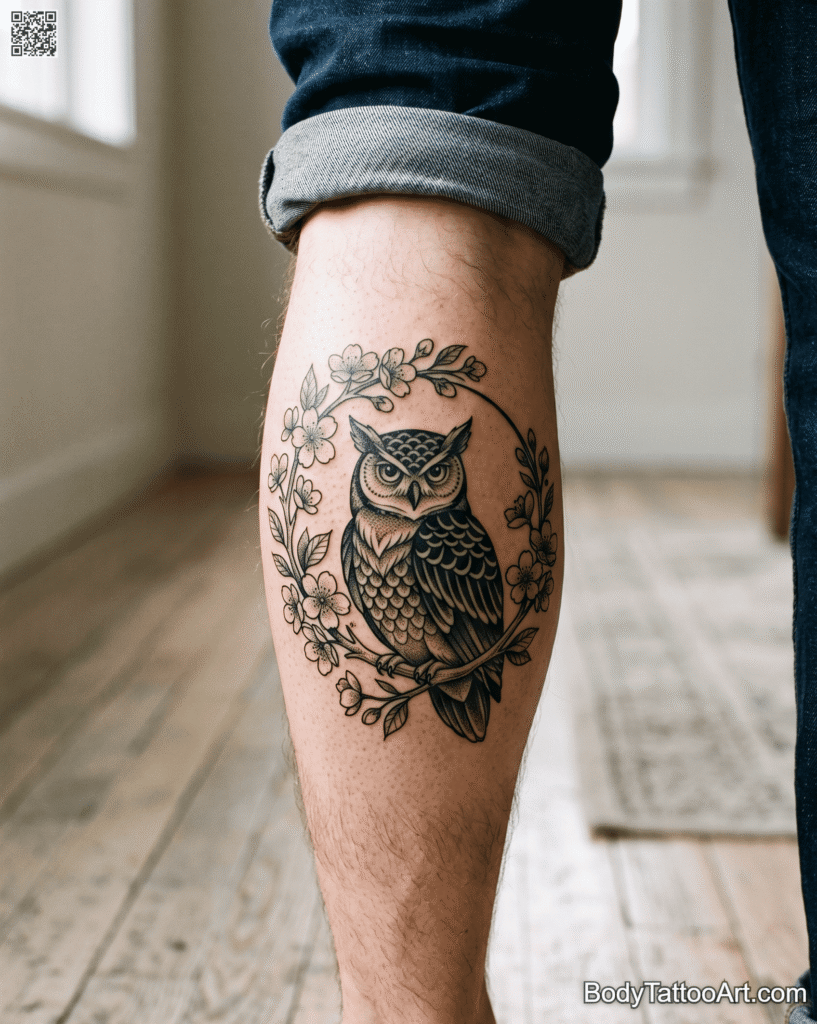 Blackwork Cherry Blossom With Owl Tattoos