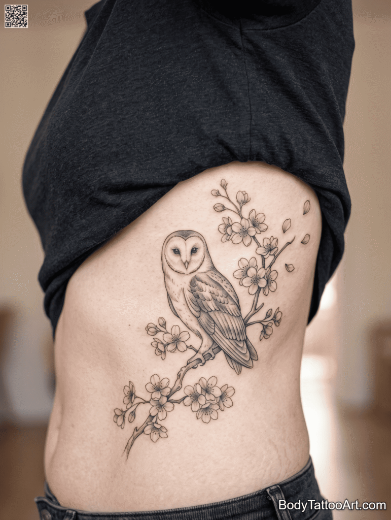 Curved Cherry Branch with a Barn Owl