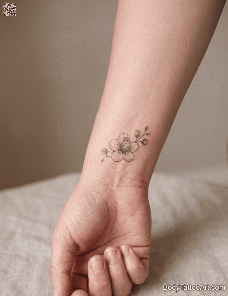 Tiny Cherry Blossom With Owl Tattoos