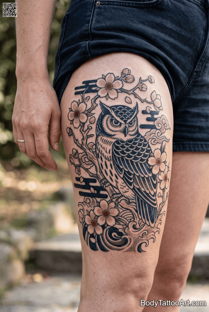 Japanese-Inspired Cherry Blossom With Owl Tattoos
