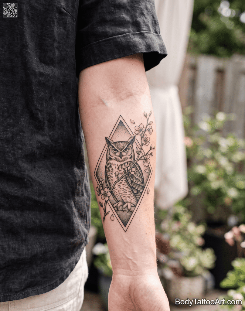 Geometric Cherry Blossom With Owl Tattoos