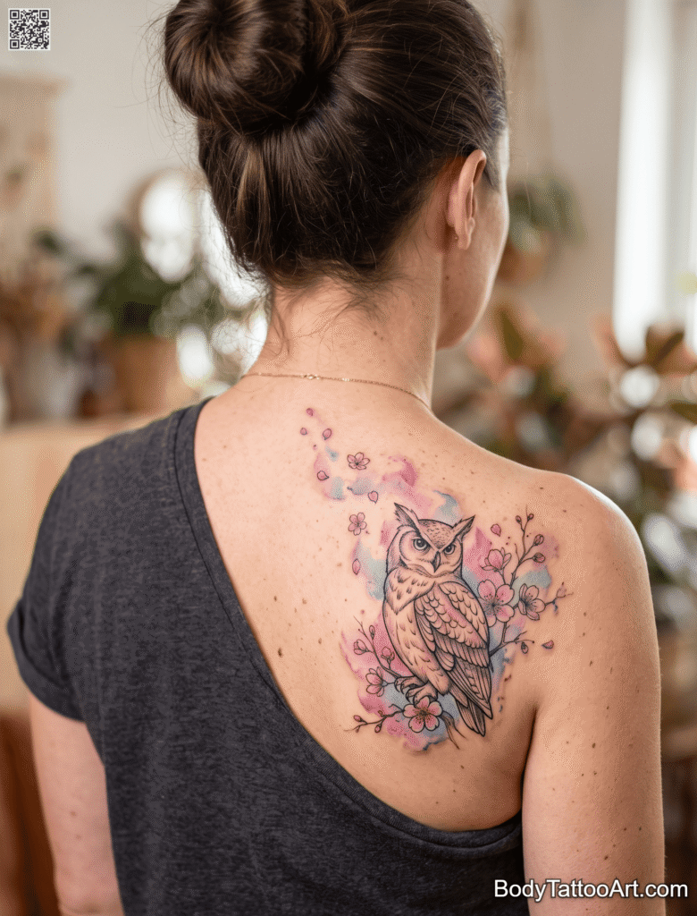 Watercolor Cherry Blossom With Owl Tattoos
