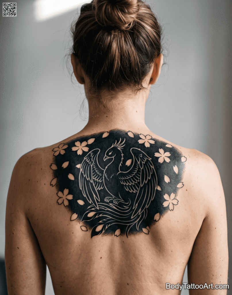 The Falling Blossoms Behind a Silhouette Phoenix