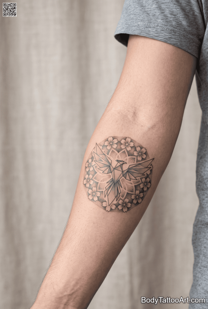 The Geometric Cherry Blossom With Phoenix Tattoo