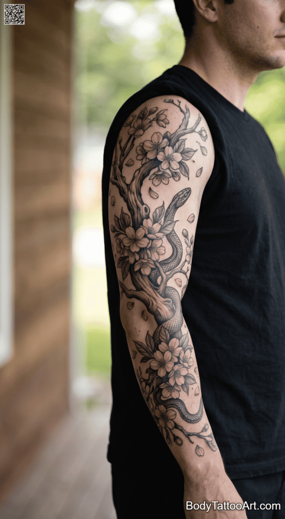 Full Sleeve Cherry Blossom With Snake Tattoos