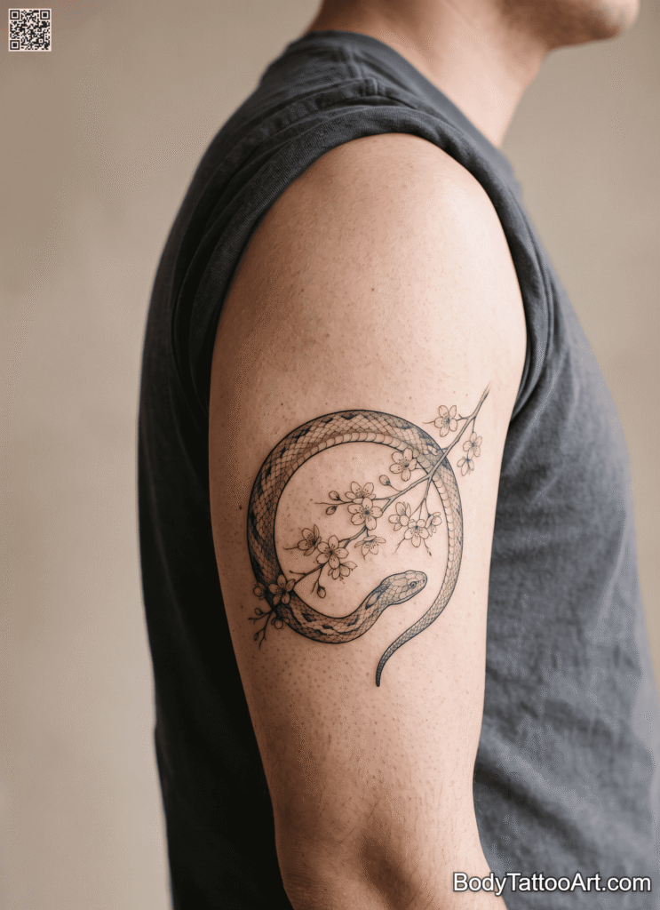Circular Cherry Blossom With Snake Tattoos