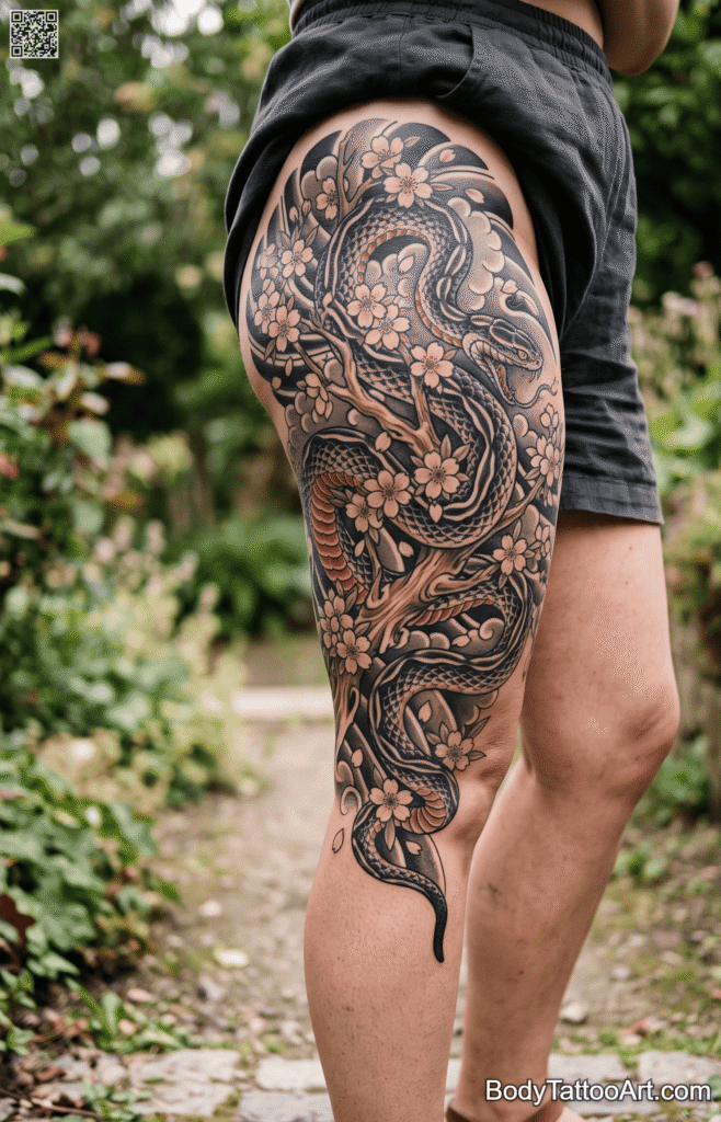 Japanese Cherry Blossom With Snake Tattoos