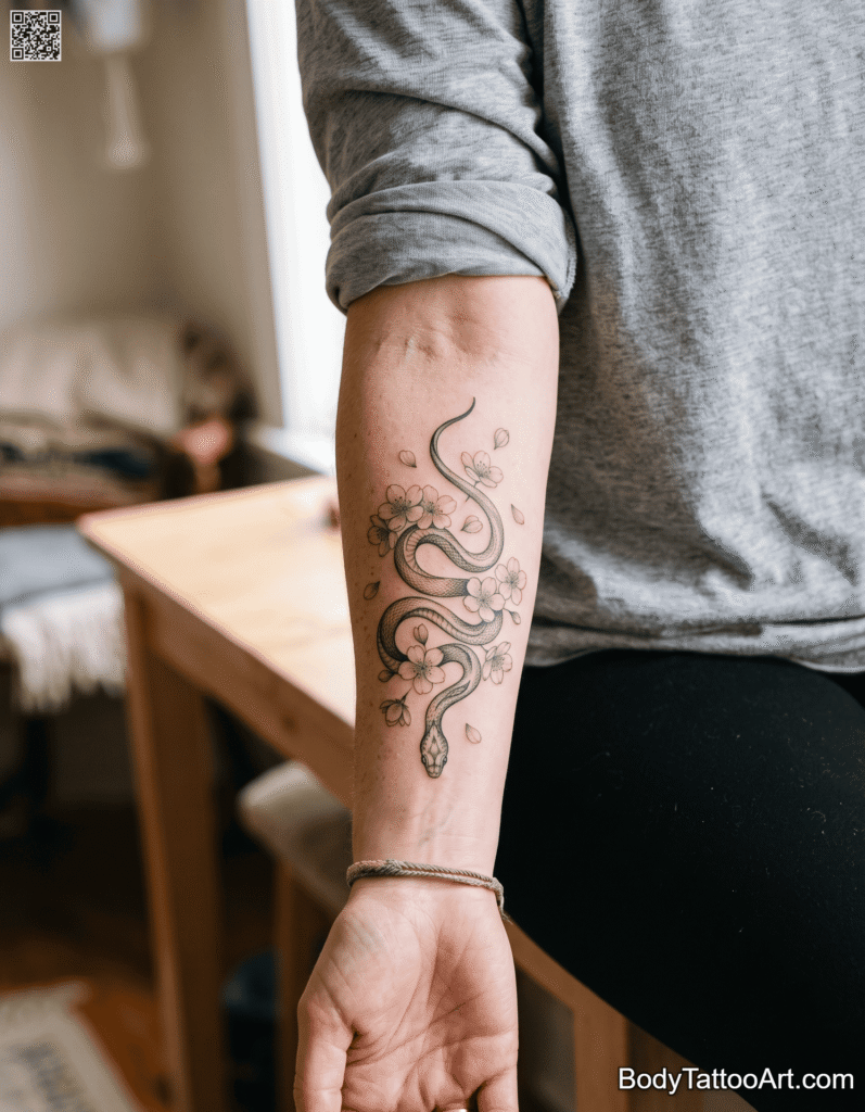 Ribbon Cherry Blossom With Snake Tattoos