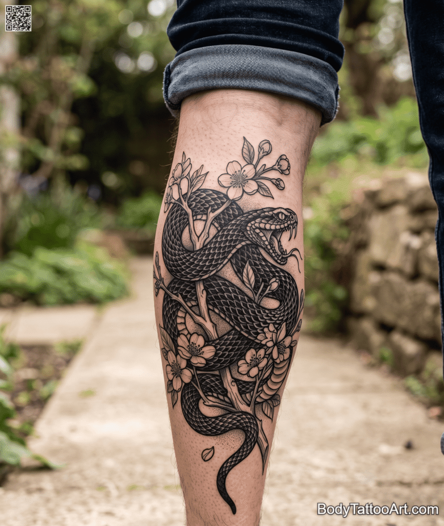 Blackwork Cherry Blossom With Snake Tattoos