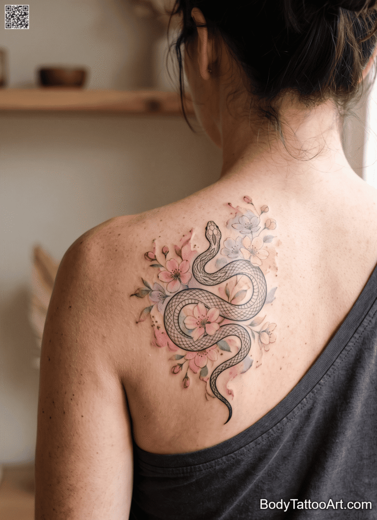 Watercolor Cherry Blossom With Snake Tattoos