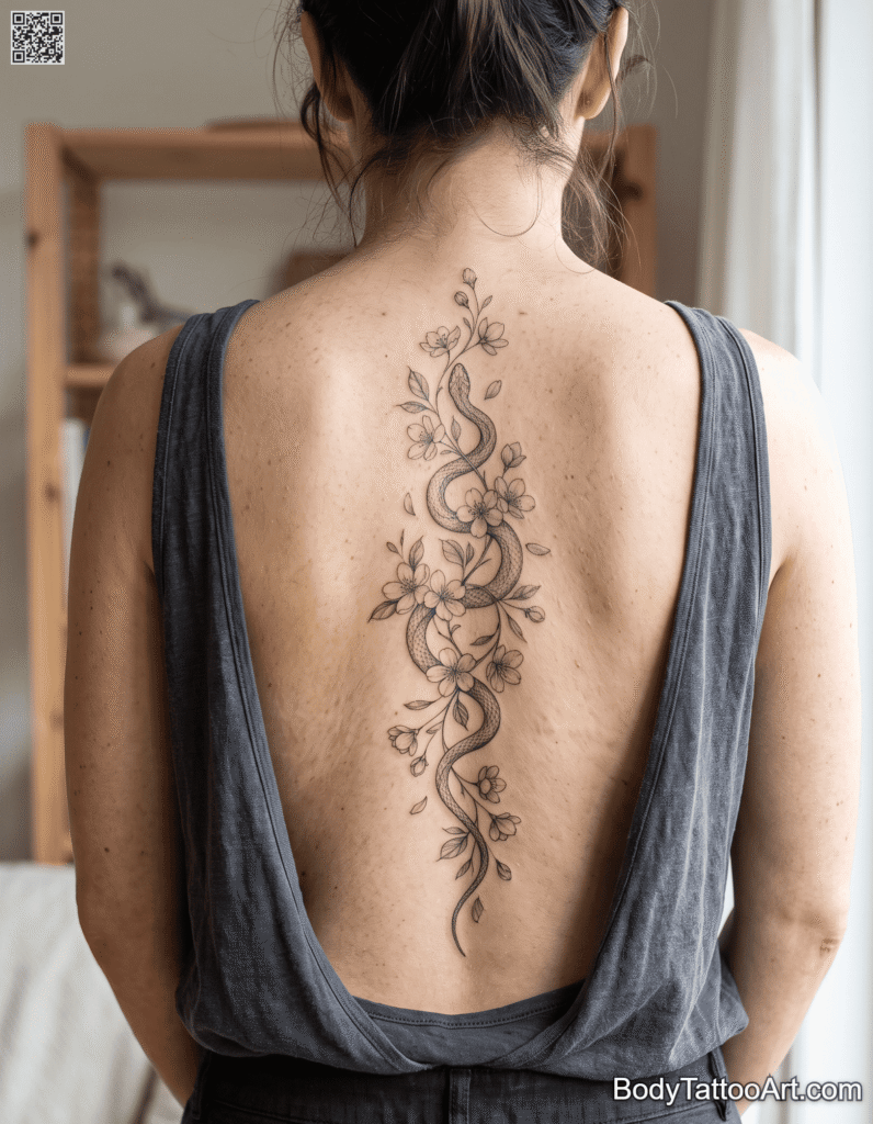 Botanical Cherry Blossom With Snake Tattoos