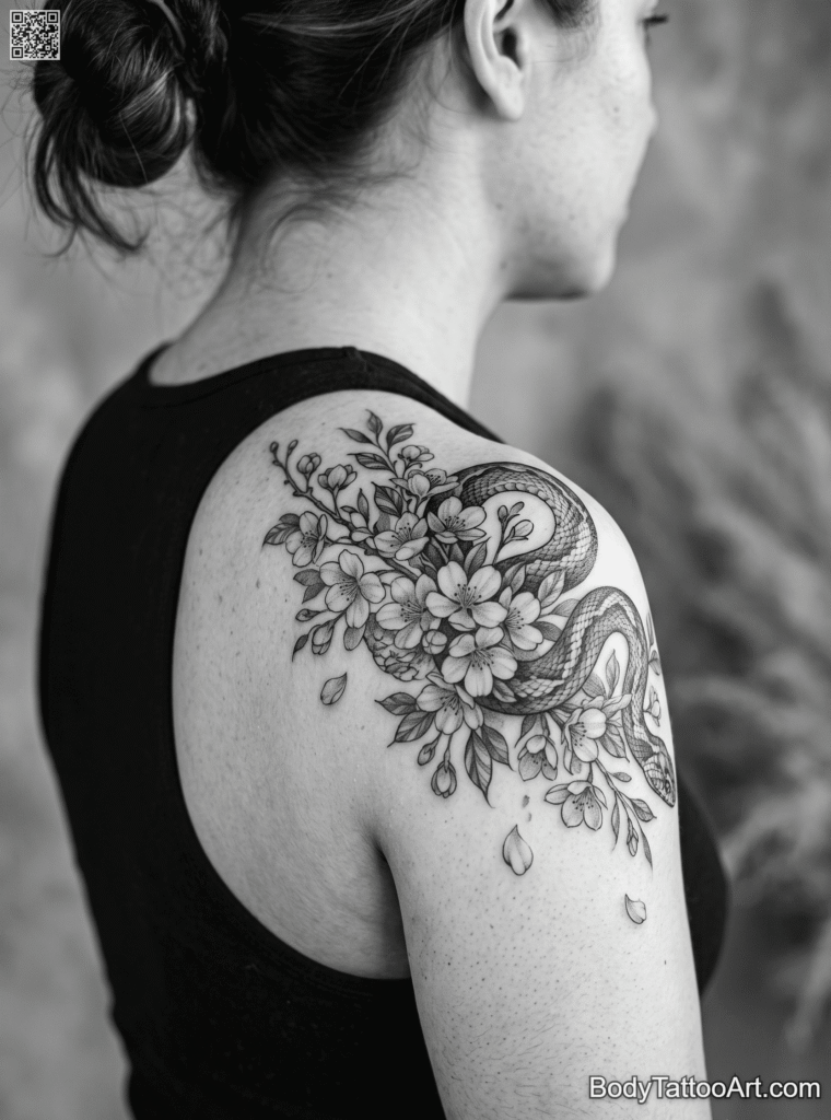Realistic Cherry Blossom With Snake Tattoos