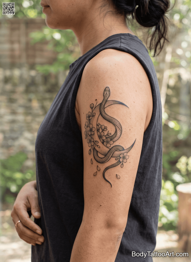 Crescent Moon Cherry Blossom With Snake Tattoos