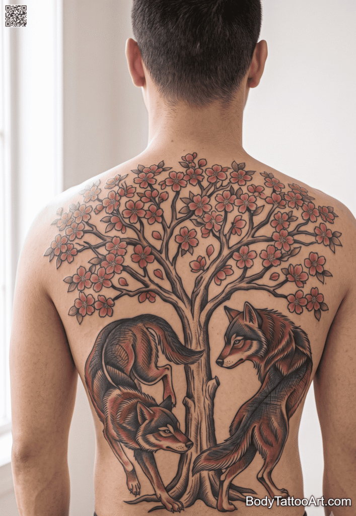 Two Wolves Circling A Blossom Tree Cherry Blossom With Wolf Tattoos